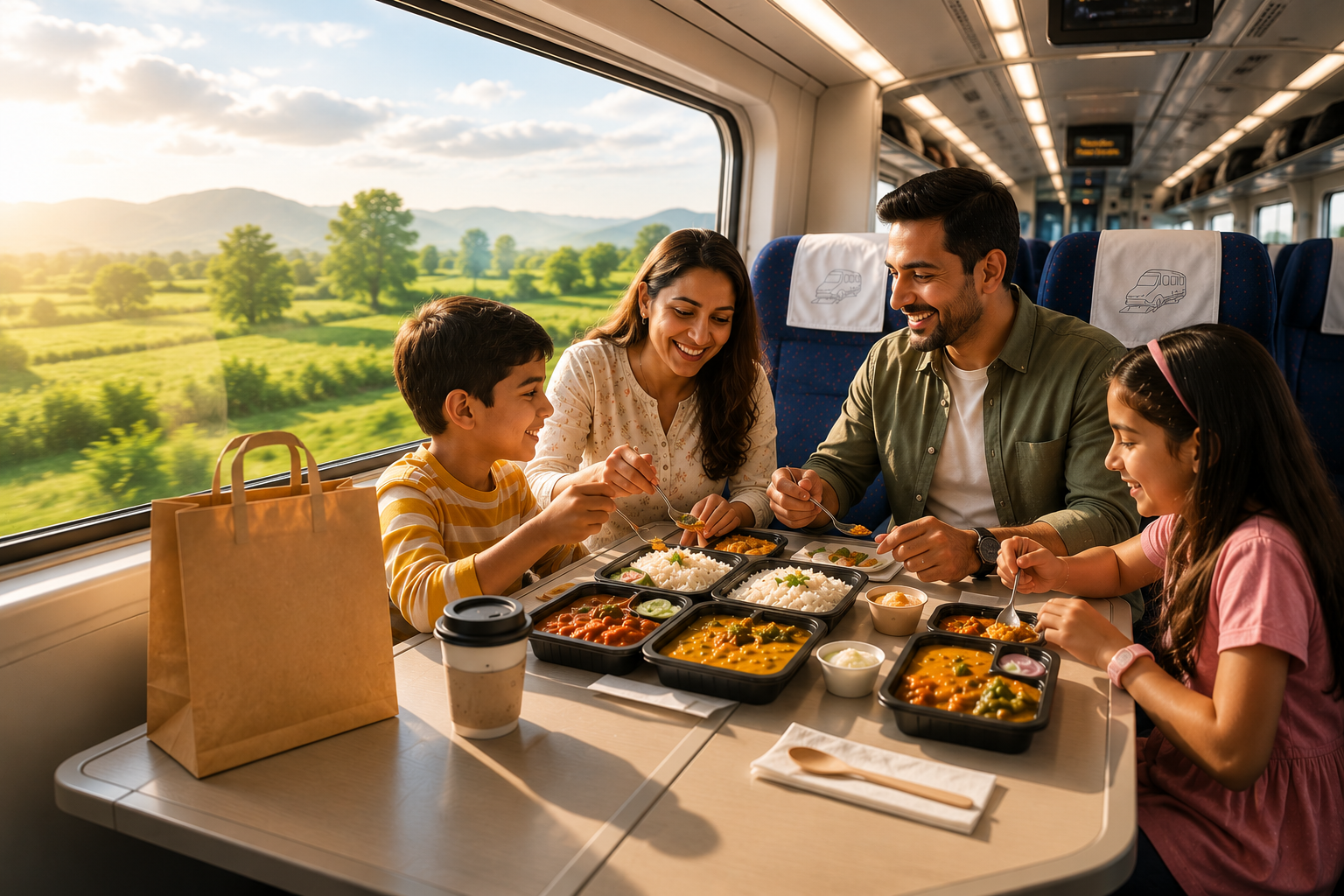Family enjoying group food order inside train