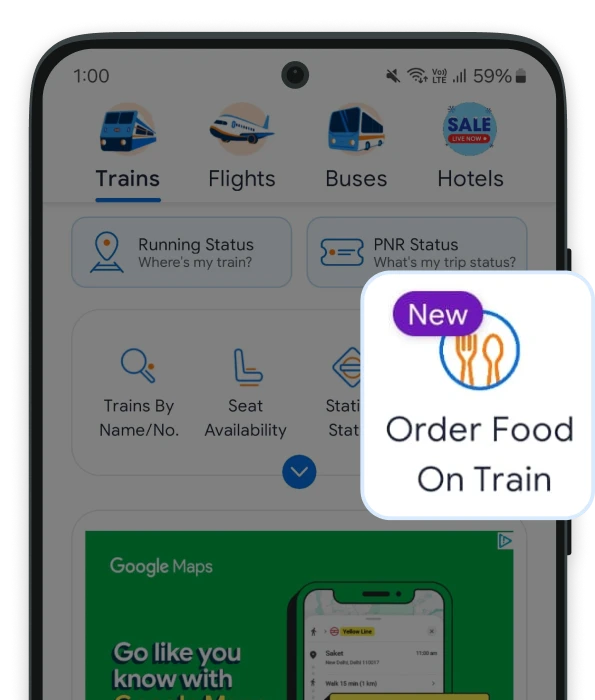 Open Order Food on Train option in RailMitra app