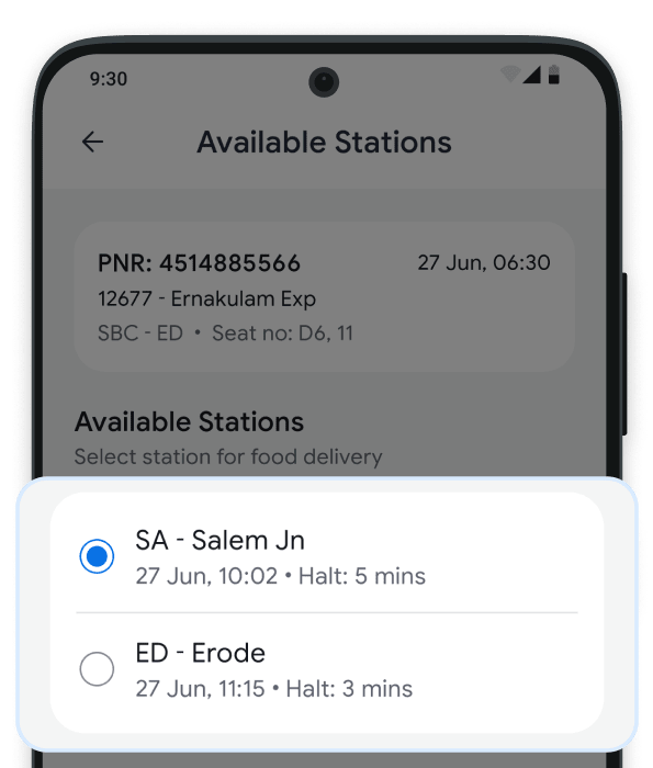 Select food delivery station in RailMitra app